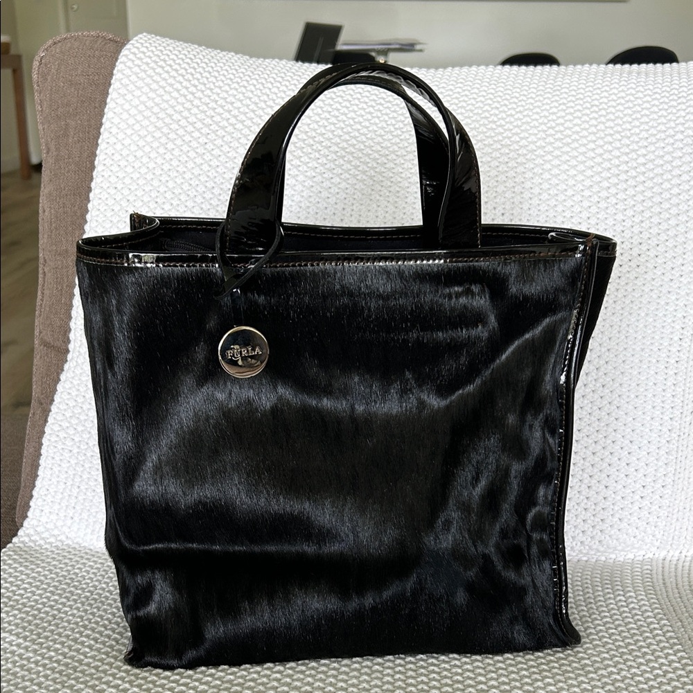 Furla Dark Brown Calf Hair and Patent Leather Top-Handle Tote Made in Italy